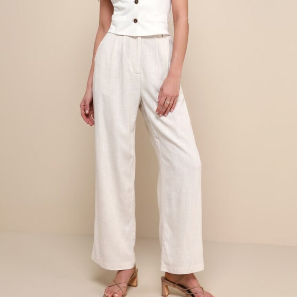 Lulus Relaxed Darling Beige Linen High-waisted Trouser Pants - Size L